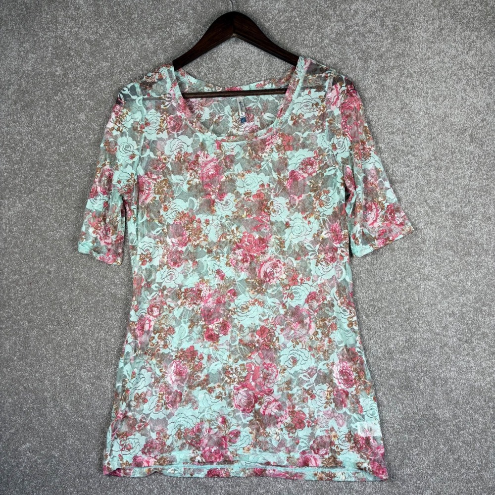 WallFlower Womens XL Mint Green Pink Floral Sheer Lace Short Sleeve Top